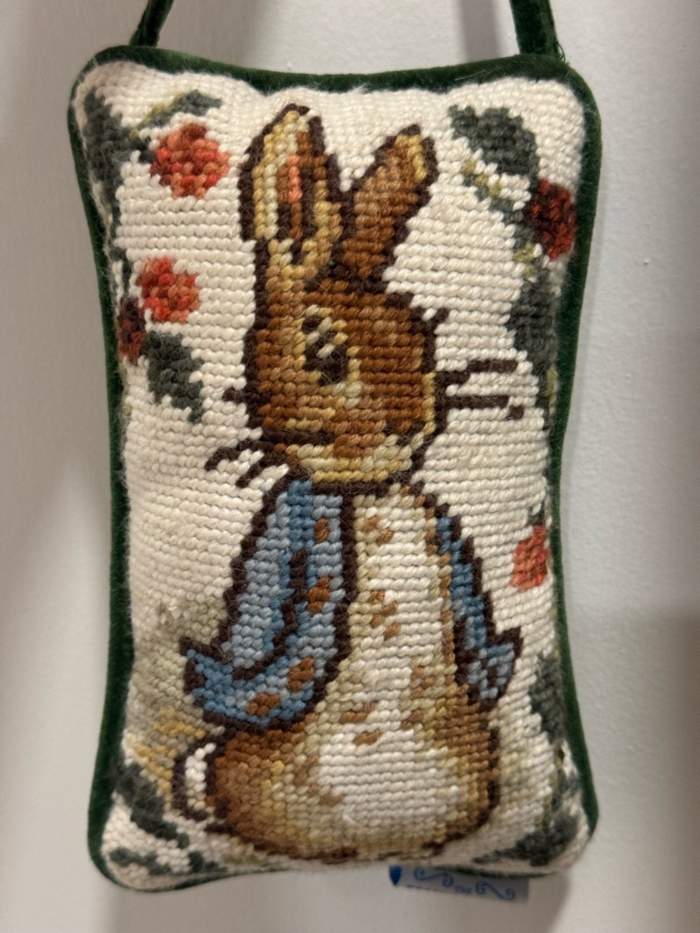 vintage Beatrix Potter needlepoint pillow featuring Peter Rabbit Mini Pillow